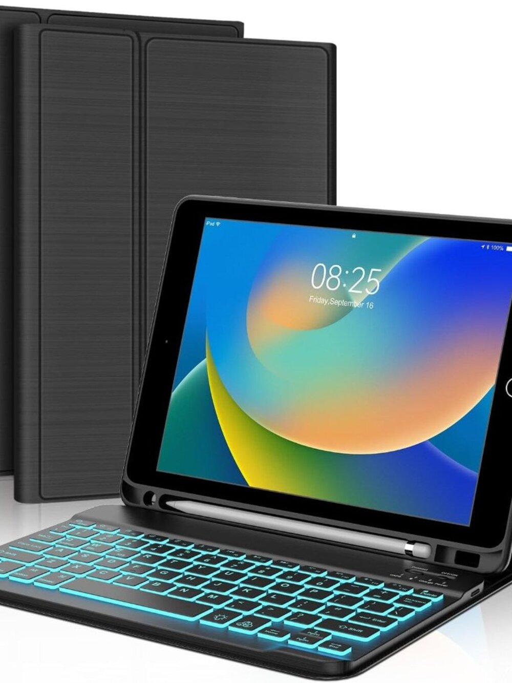 iPad 10.2 inch Case with Keyboard, Detachable Bluetooth Keyboard with 7 Color Ba